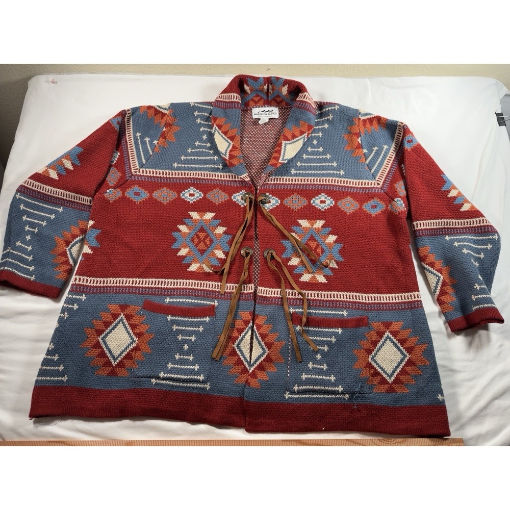 Back In The Saddle Cardigan Women 2X Southwestern Aztec Tie Front Sweater Red